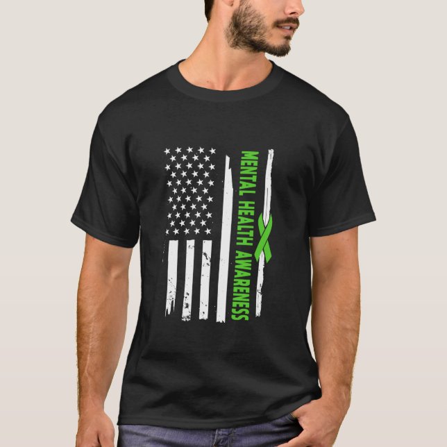 American Flagga ental Health Awareness Bära Grönt  T Shirt (Framsida)