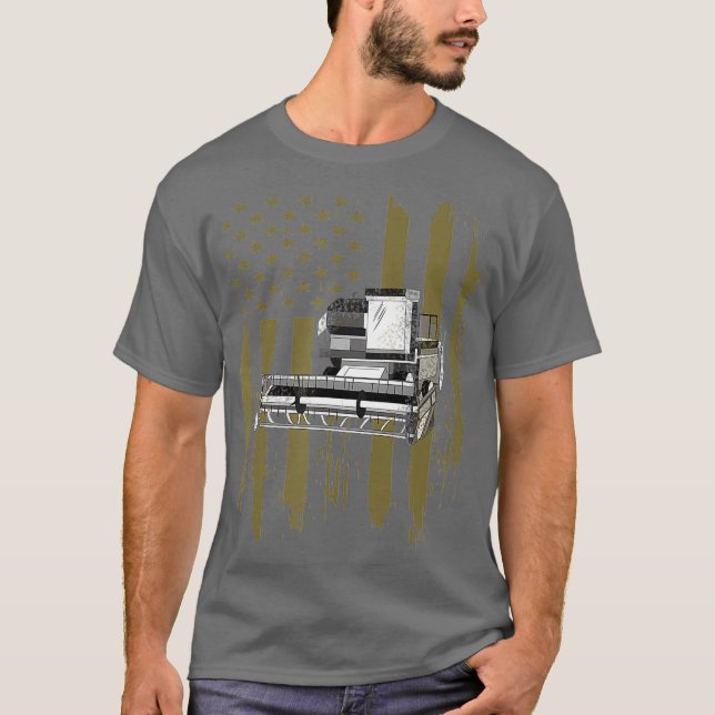American Flagga Farmer Combine Tractor Distress T Shirt (Framsida)