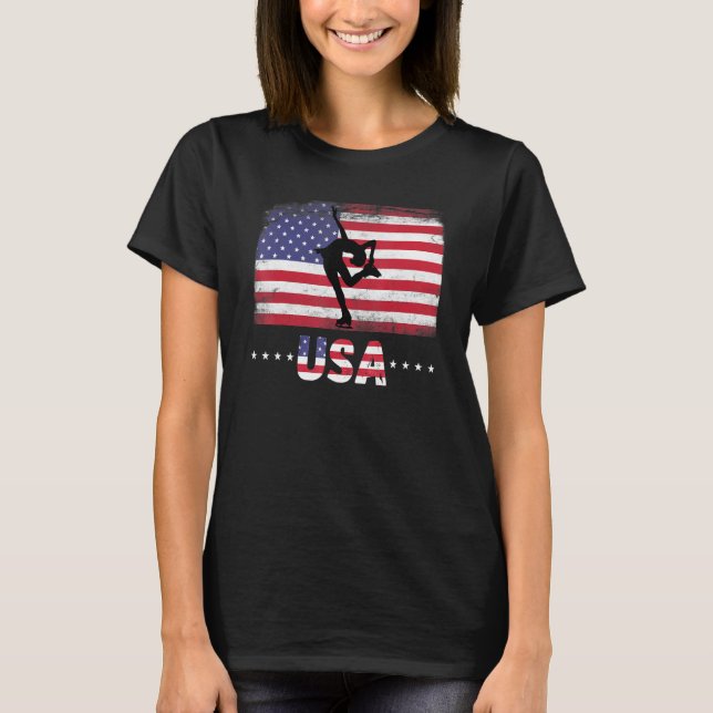 American Flagga Figur Ice Skating Usa Patriotic Te T Shirt (Framsida)