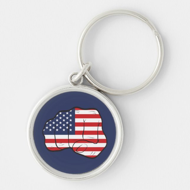 American Flagga Fist Rund Silverfärgad Nyckelring (Framsidan)