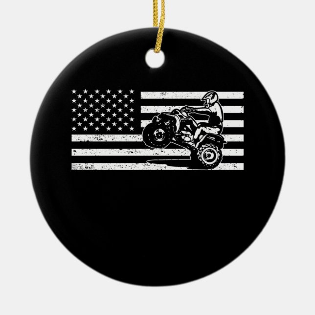 American Flagga Four Wheeler Quad Manar ATV Riding Julgransprydnad Keramik (Framsidan)