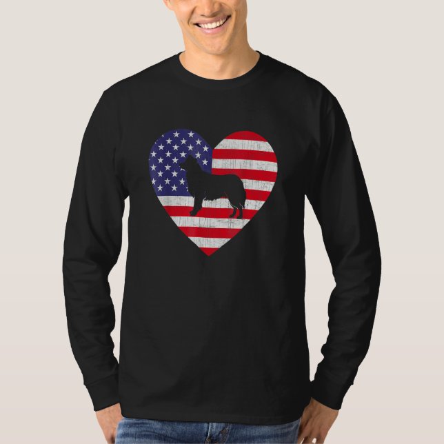 American Flagga Heart Gräns Collie Hund 4 juli T Shirt (Framsida)