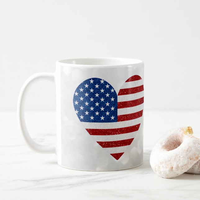 American Flagga Heart juli 4:e Glitter Kaffemugg (Med munk)