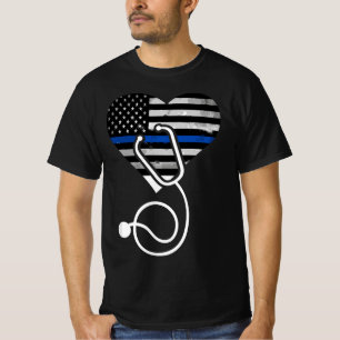 American Flagga Heart med polis Thin Blue Line Nur T Shirt