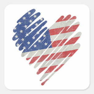 American Flagga Heart Rött vitt blått Cute 4:e Jul Fyrkantigt Klistermärke