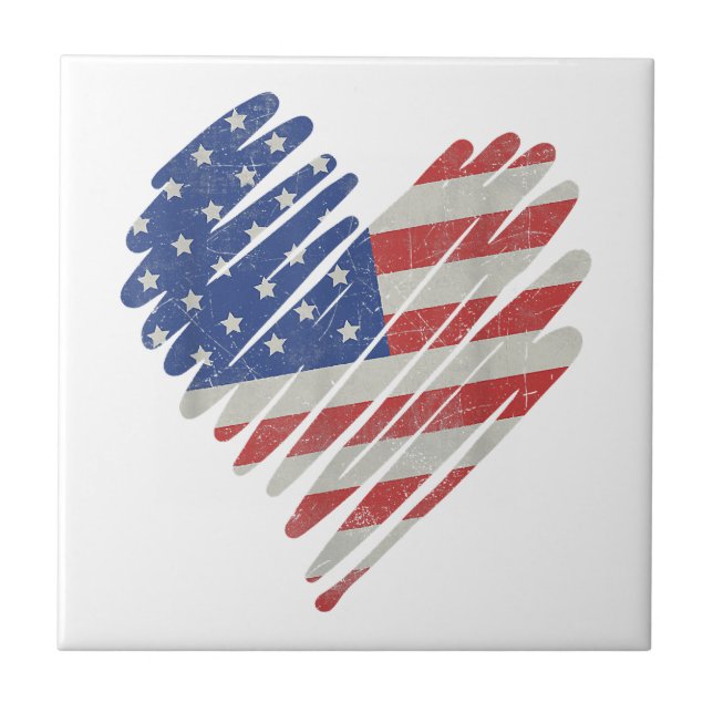 American Flagga Heart Rött vitt blått Cute 4:e Jul Kakelplatta (Framsidan)