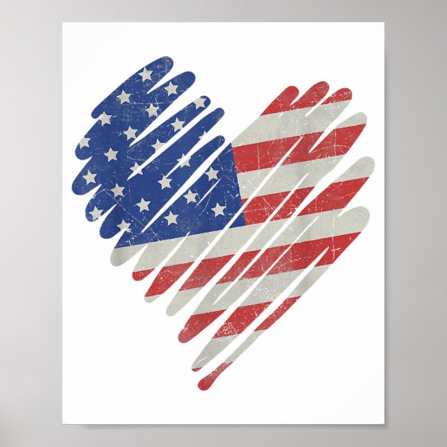 American Flagga Heart Rött vitt blått Cute 4:e Jul Poster (Framsidan)