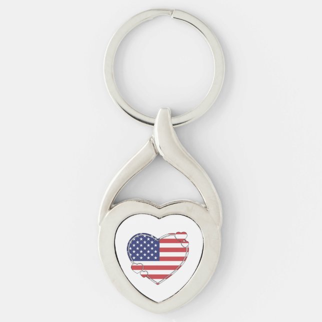 American Flagga Heart Twisted Heart Silverfärgad Nyckelring (Framsidan)