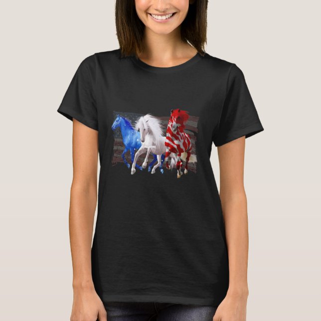 American Flagga Horses Patriotic Rött vitt blått 4 T Shirt (Framsida)