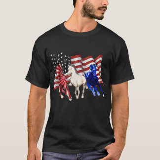 American Flagga Horses Patriotic Rött vitt blått T Shirt