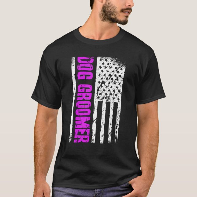 American Flagga Hund Groomer T Shirt (Framsida)