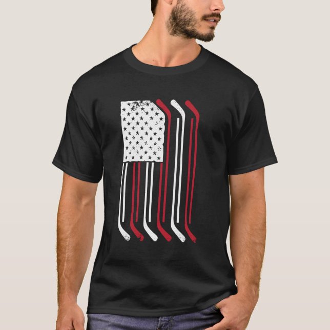 American Flagga Ice Hockey Stick Puck Player Jerse T Shirt (Framsida)