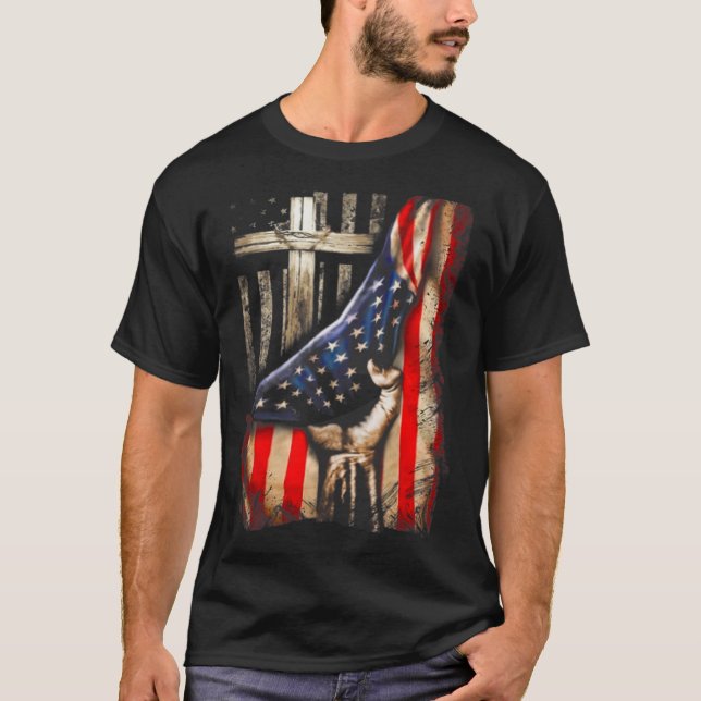American Flagga Kor Jesus Hand Pride Christian T-S T Shirt (Framsida)