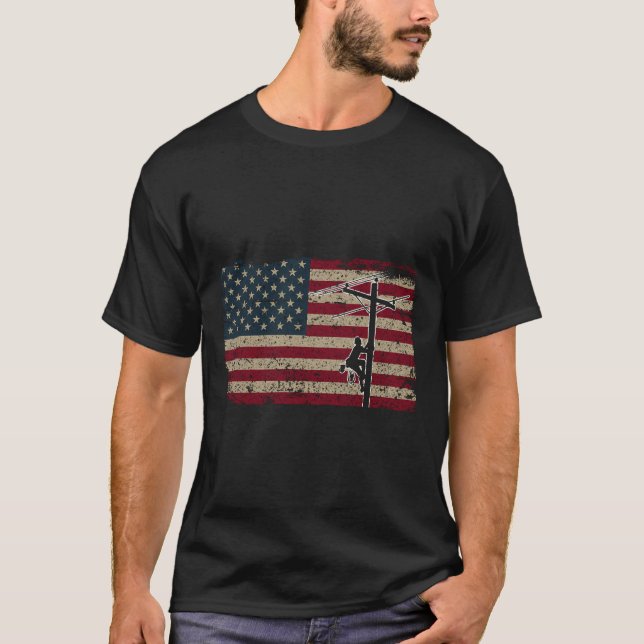 American Flagga Lineman Gift I Patriotic Electrici T Shirt (Framsida)