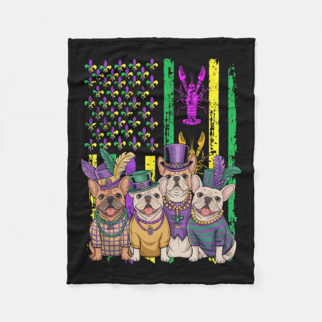 American Flagga Mardi Gras Fransk Bulldog Hund Fes Fleecefilt (Framsidan)