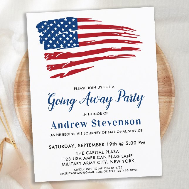American Flagga Miliing Going Away Party Meddelande Vykort (Skapare uppladdad)