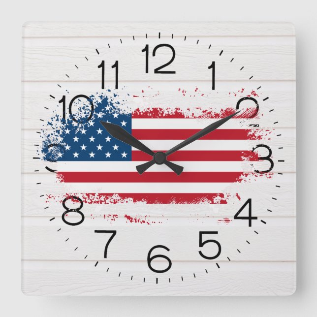 American Flagga on White Wood Square Wall Clock Fyrkantig Klocka (Framsida)