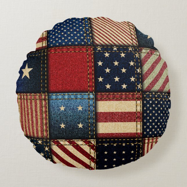 American Flagga, Patchwork Seamless Mönster. Rund Kudde (Framsidan)