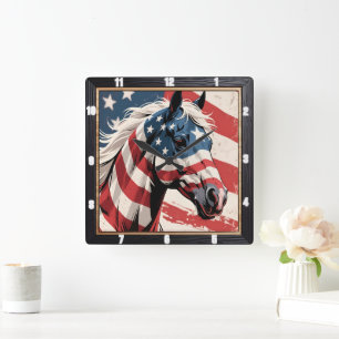 American Flagga Patriotic Horse Fyrkantig Klocka