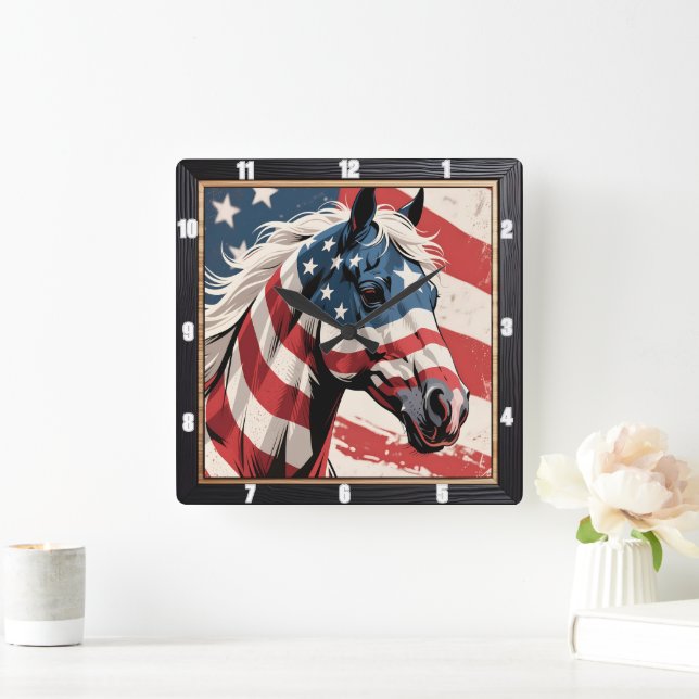 American Flagga Patriotic Horse Fyrkantig Klocka (Hem)