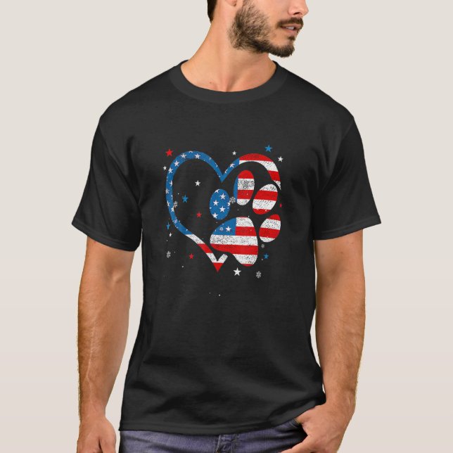 American Flagga Patriotic Hund Cat Paw Skriv ut T Shirt (Framsida)