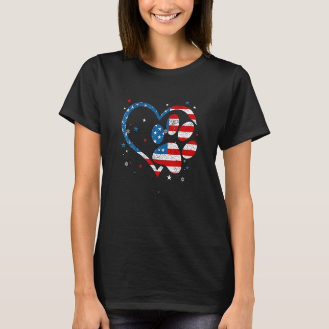 American Flagga Patriotic Hund Paw Skriv ut 4 timm T Shirt (Framsida)