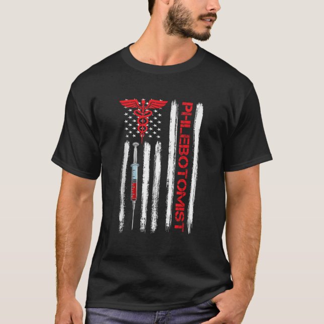 American Flagga Phlebotomist Phlebotomy Tech Blod  T Shirt (Framsida)