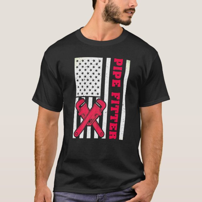 American Flagga Pipefitter Plumber T Shirt (Framsida)