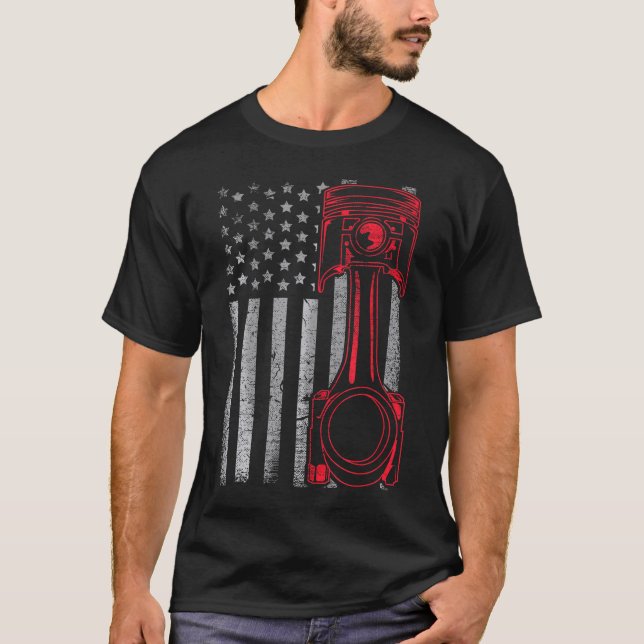 American Flagga Piston Funny Muscle Car Mechanic T Shirt (Framsida)