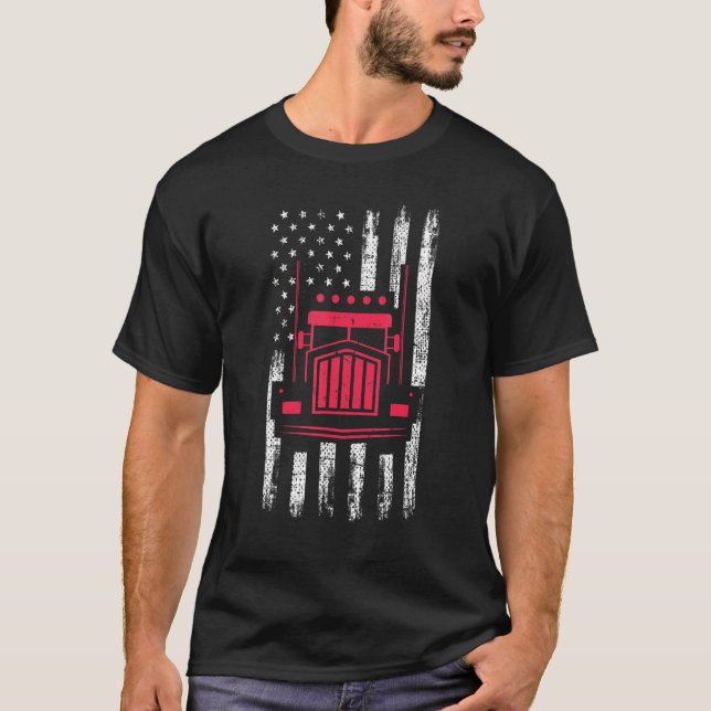American Flagga Red Lastbil Mechanic Semi Lastbil  T Shirt (Framsida)