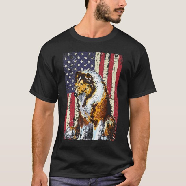 American Flagga Rough Collie Patriotic Flagga T Shirt (Framsida)