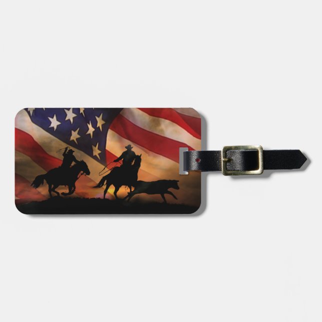 American Flagga Rustic Team Roping Cowboys Bagagebricka (Horisontell Framsida)
