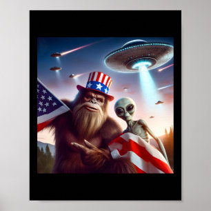 American Flagga Sasquatch with Alien Ufo Bigfoot 4 Poster