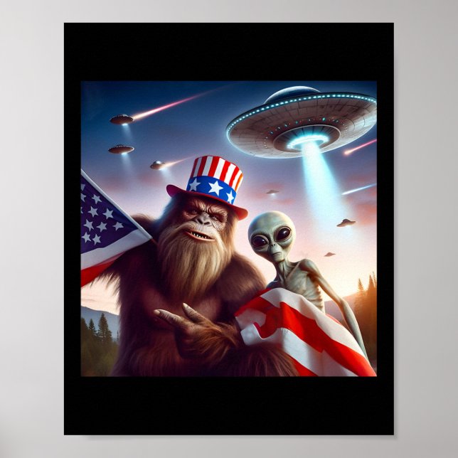 American Flagga Sasquatch with Alien Ufo Bigfoot 4 Poster (Framsidan)