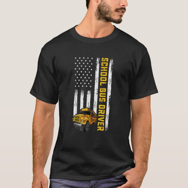 American Flagga School Buss Driver USA flagga Buss T Shirt (Framsida)