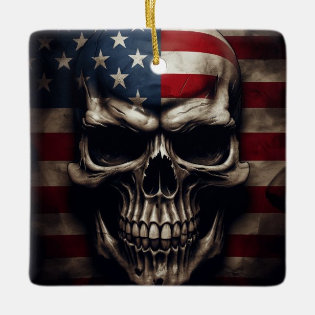 American Flagga Skull Julgransprydnad Keramik (Framsida)