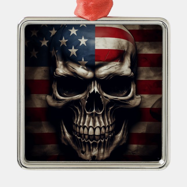 American Flagga Skull Julgransprydnad Metall (Framsidan)