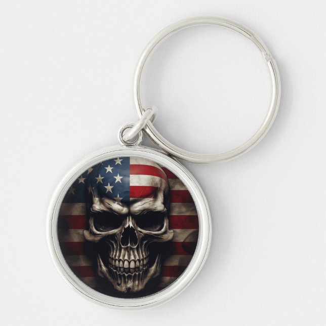 American Flagga Skull Rund Silverfärgad Nyckelring (Framsidan)