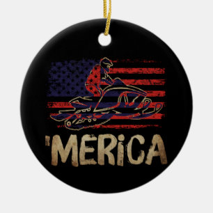 American Flagga Snowmobile Winter Snowmobiling Julgransprydnad Keramik