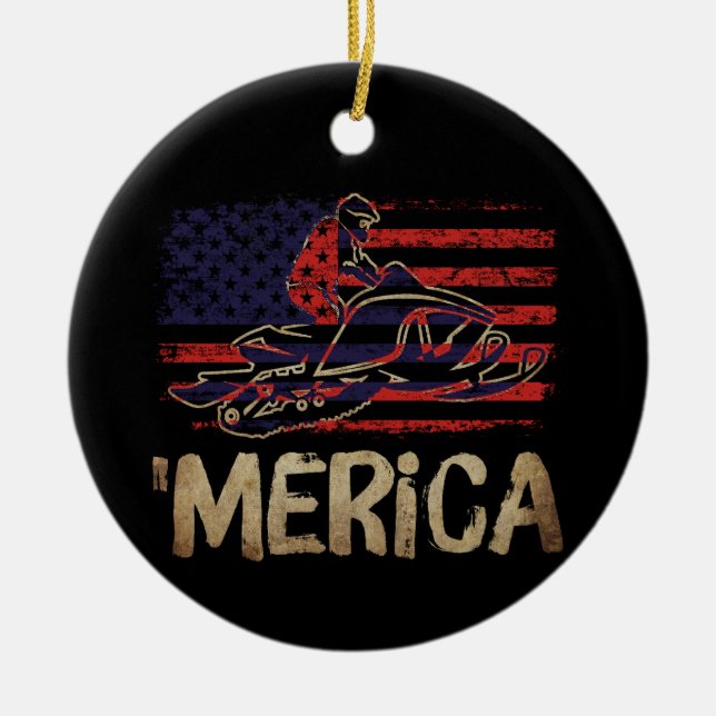 American Flagga Snowmobile Winter Snowmobiling Julgransprydnad Keramik (Framsidan)