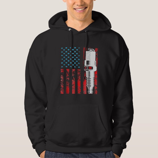 American Flagga Spark Plug Vintage bil Usa Hoodie (Framsida)