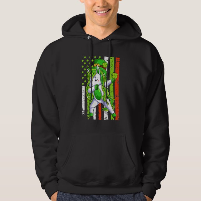 American Flagga St Patrick S Day Funny Unicorn Äls Hoodie (Framsida)