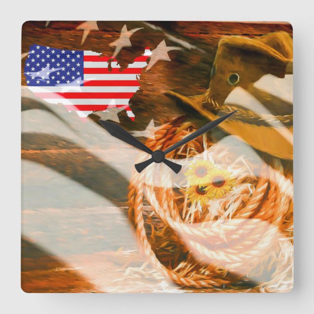 American Flagga Sunrockor Cowboy Hat Lasso Fyrkantig Klocka (Framsida)