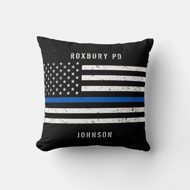 American Flagga Thin Blue Line Distress Namn Kudde (Framsida)
