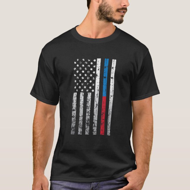 American Flagga Thin Red Blue Line Law Firefighter T Shirt (Framsida)