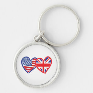 American Flagga/Union Jack Flagga Hearts Rund Silverfärgad Nyckelring