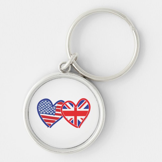 American Flagga/Union Jack Flagga Hearts Rund Silverfärgad Nyckelring (Framsidan)