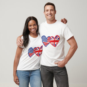 American Flagga/Union Jack Flagga Hearts T Shirt