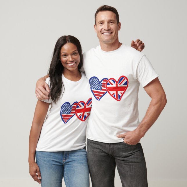 American Flagga/Union Jack Flagga Hearts T Shirt (Unisex)