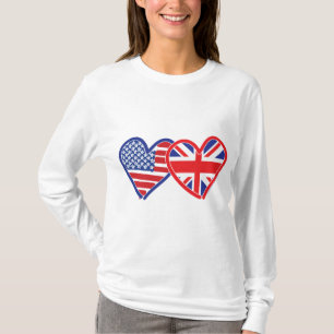 American Flagga/Union Jack Flagga Hearts T-shirt